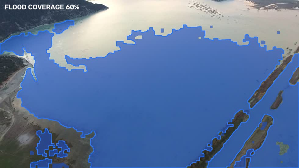 AI flood segmentation outlining water with coverage percent